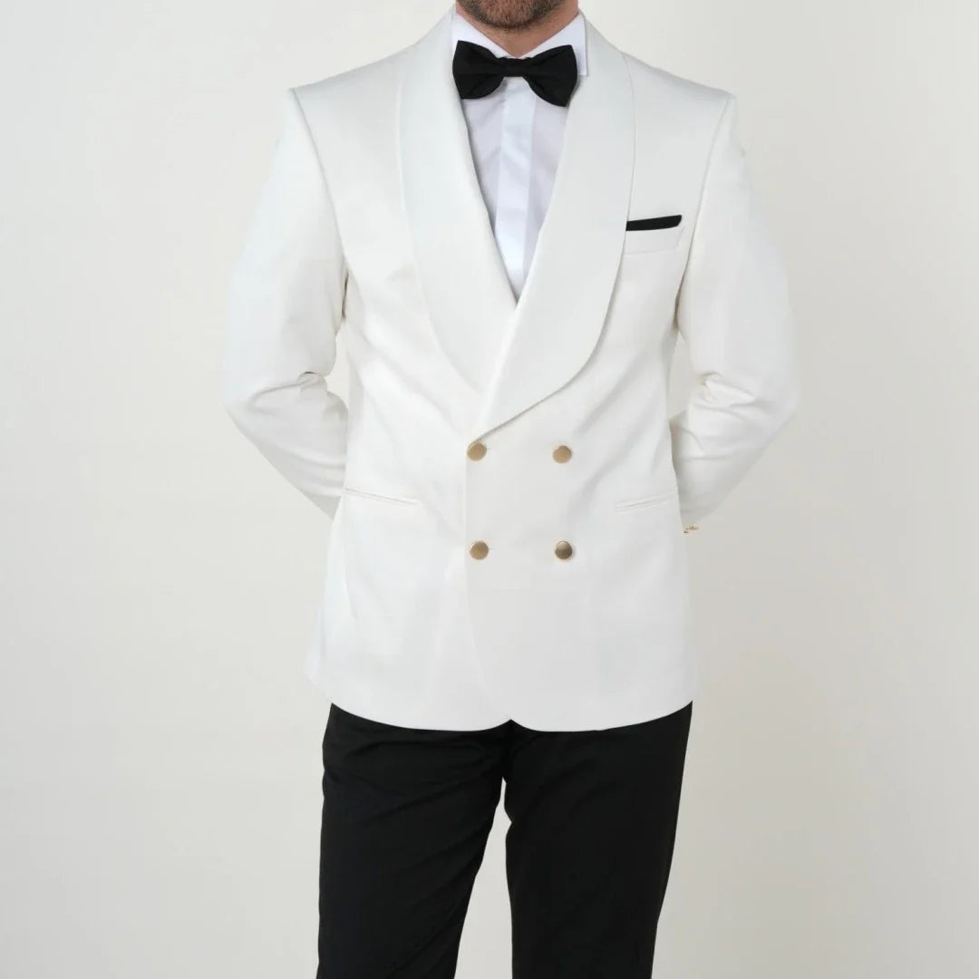 Men Suit 2 Pieces White Black With Lapel Gold Double Button For Wedding Business Banquet Party Office Daily Work Jacket Pants