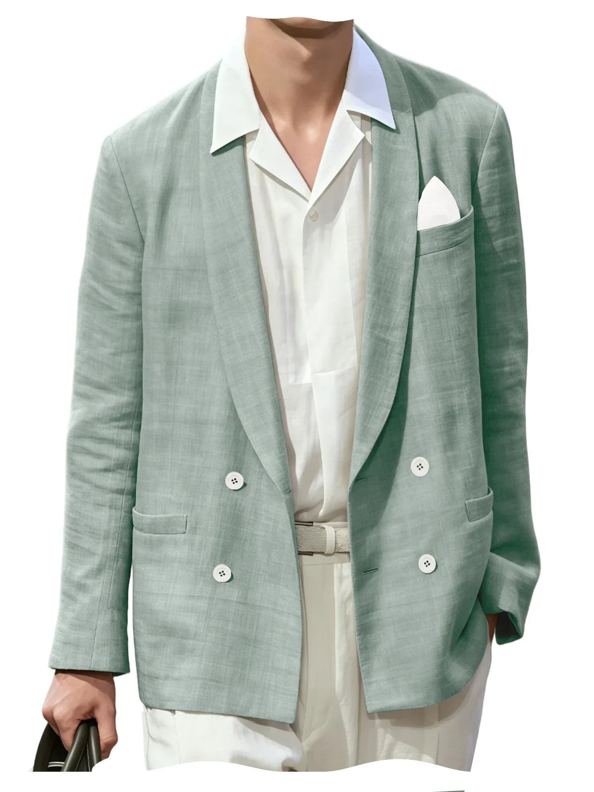 Summer Cotton Linen Blend Men Blazer Double Breasted Casual Suit Jacket Lightweight Soft Elegant Dress Coat For Prom Work Party