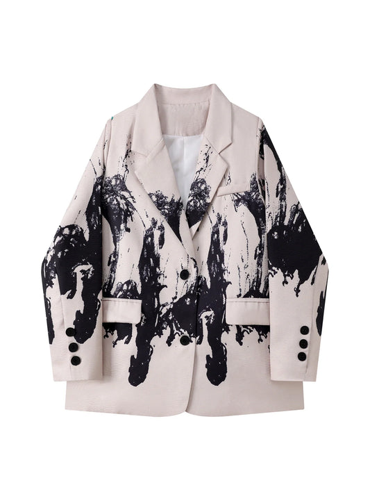 Women's Khaki Print Blazer Jacket Vintage Outerwear Single Breasted Long Sleeve Suit Coat Harajuku Y2k 2000s Spring Autum 2025