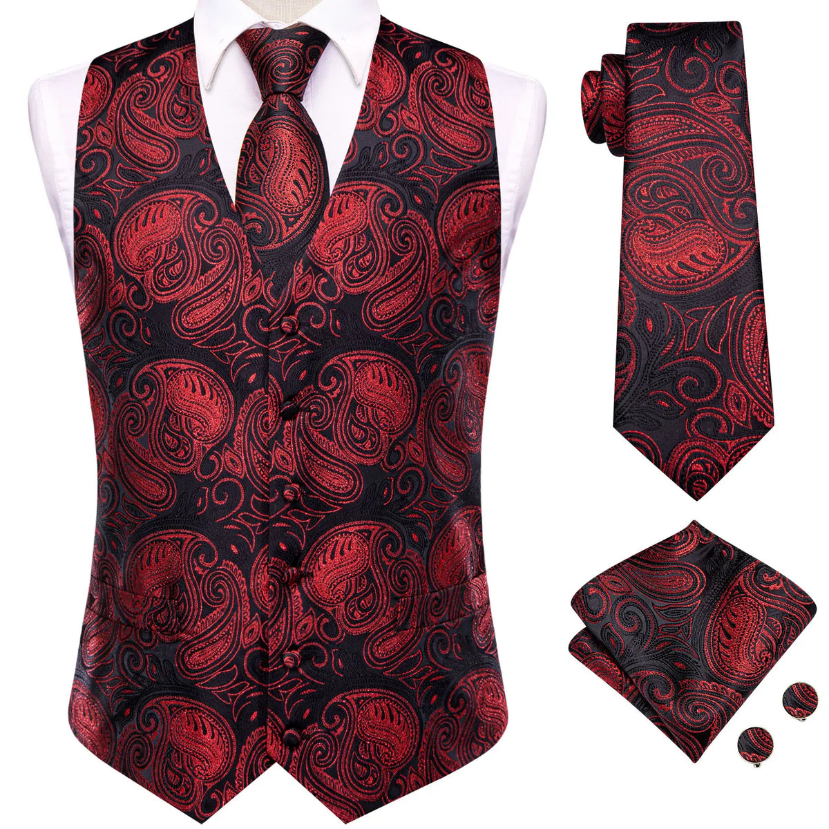 Men's Vest Tie Hanky Cufflinks Set – Wine Black Paisley Jacquard for Weddings & Formal Events