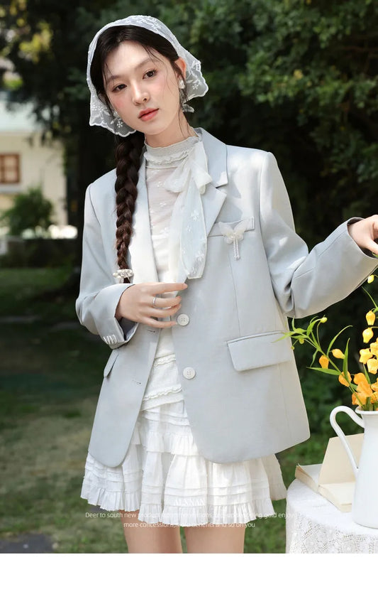 Blue Blazer Women 2026 Spring New Office Commute Elegant Casual Coat Fashion Female Suits with Butterfly Accessory L61922