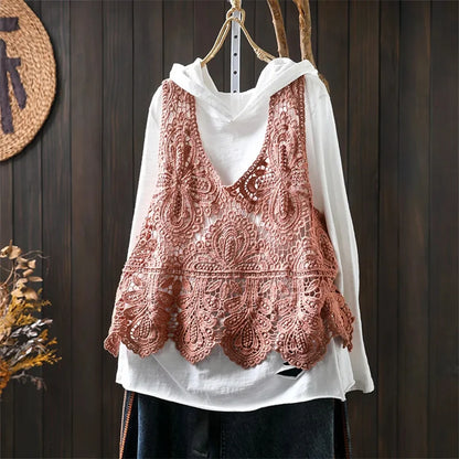 Summer Femme Lace Cotton Lined Vest Spring Women Fashion Knitted Crochet Sleeveless French Lady Hollow-out Sweater Waistcoat Top