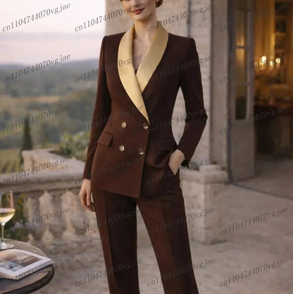 Gold Collar Dark Brown Formal Business Women Suit Wedding Party Prom Ladies Mother Girl Tuxedos Costume 2 Piece Set Jacket Pants