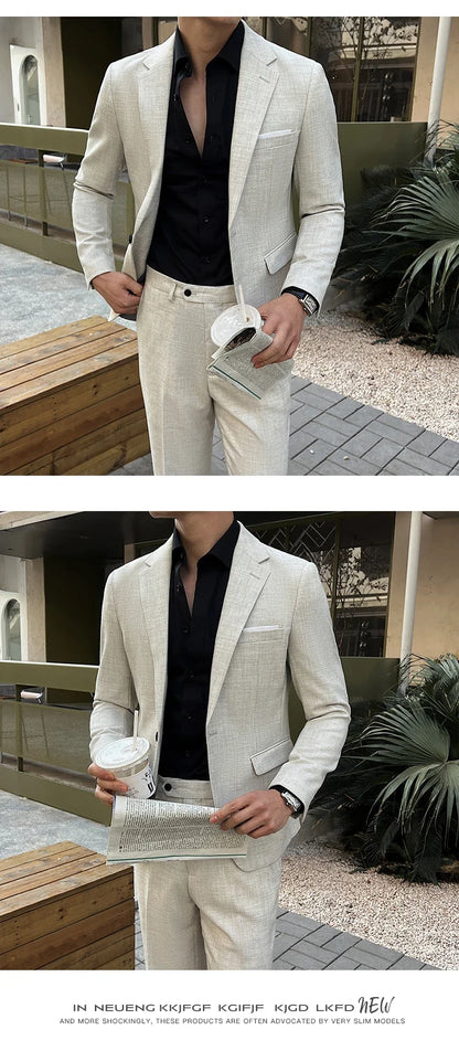 (Jacket +Pants) 2025 New Luxury Elegant Men's Suits 2 Piece Set Fashion Korean Casual Slim Fit Social Groom Wedding Tuxedo