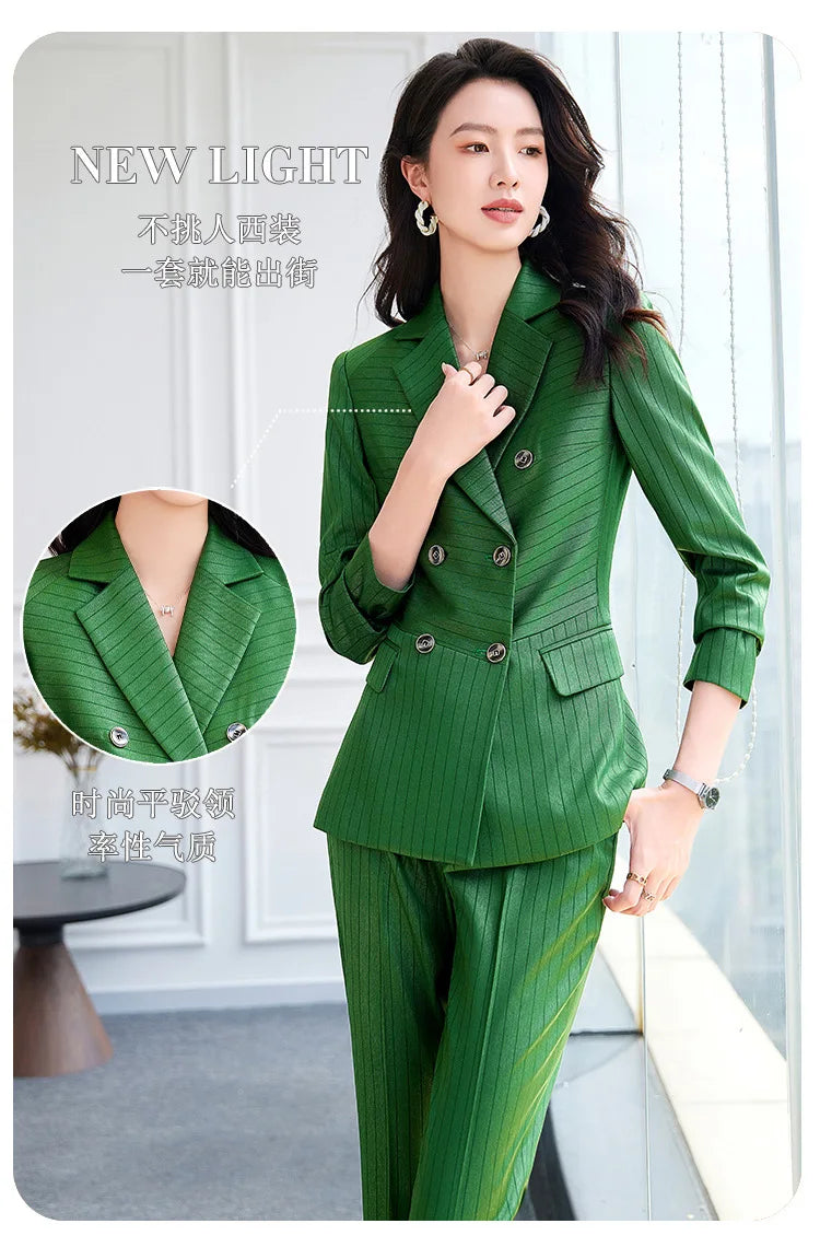 High Quality Women Navy Blue Green Pant Suit Female Button Decoration Blazer and Trouser 2 Piece Set For Office Ladies Work Wear