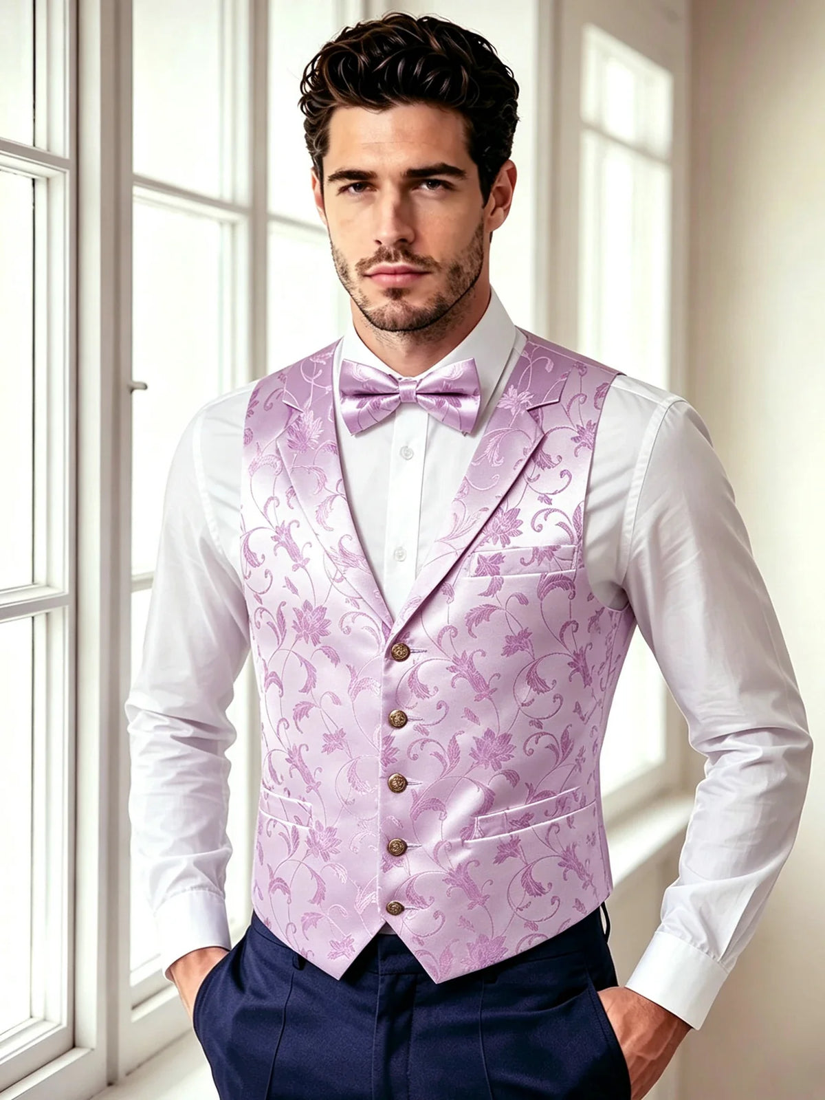 Men's Floral Jacquard Vest Bowtie Set – Pink Wedding Waistcoat for Men