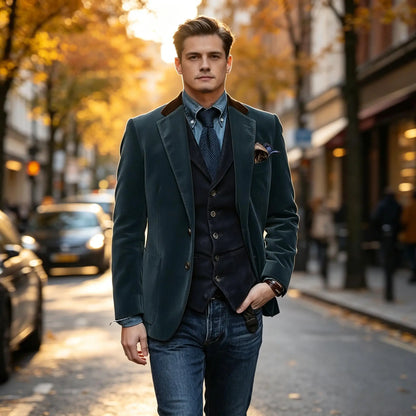 Men Velvet Blazer Contrast Brown Lapel Single Breasted Flap Pockets Smart Casual Business Streetwear Formal Outerwear