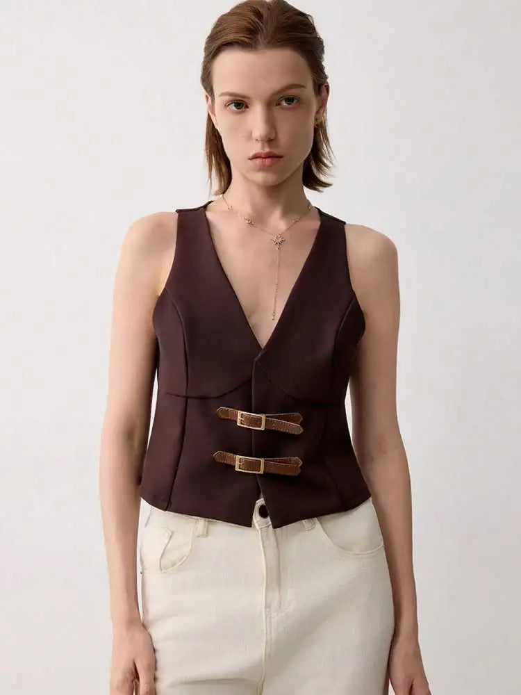 Women's V Neck Solid Color Vest Top with Belted,Sleeveless Waistcoat for Summer