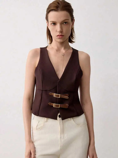 Women's V Neck Solid Color Vest Top with Belted,Sleeveless Waistcoat for Summer