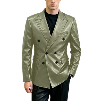 Vintage Men's Brown Leather Blazer Double Breasted Peak Lapel Slim Fit Suit Jacket High Quality Fashion Sport Coat Business Casu