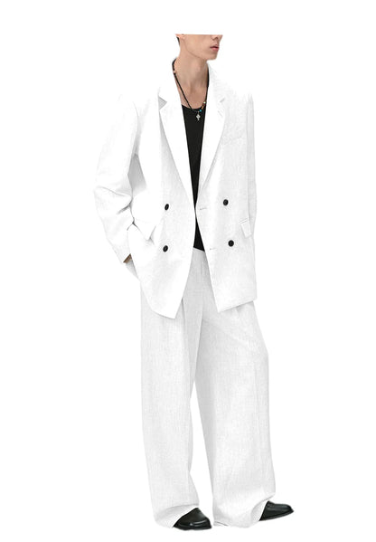 Men's Linen Double Breasted Suit – Slim Fit 2-Piece Blazer & Straight Leg Pants for Summer Weddings & Business