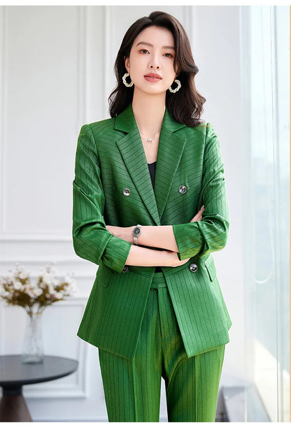 High Quality Women Navy Blue Green Pant Suit Female Button Decoration Blazer and Trouser 2 Piece Set For Office Ladies Work Wear