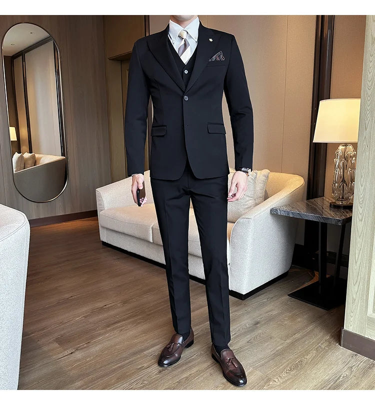 (Blazer + Vest + Trousers) 2024 New Men Formal Business Solid Suit 3 Pieces Set Italian Style Luxury Wedding Social Party Tuxedo