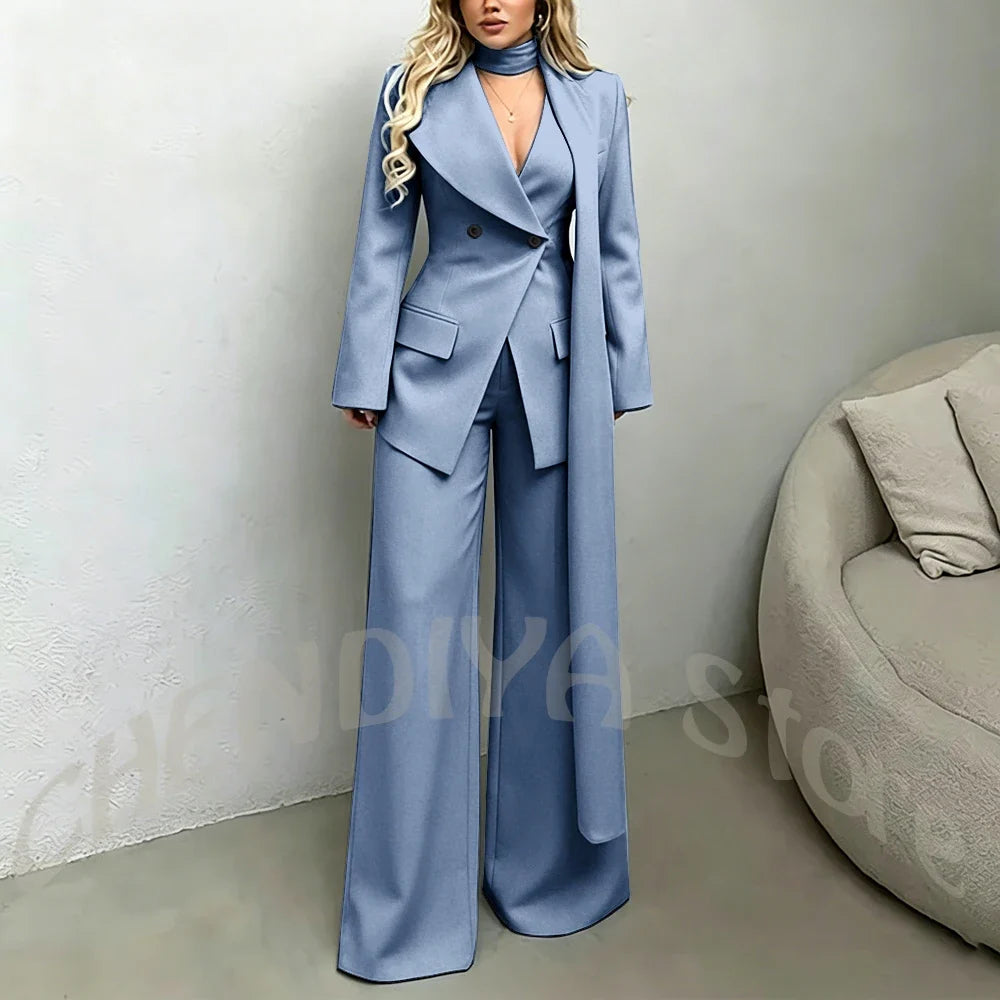 Classic Black Women Suit Set Double Breasted Asymmetrical Blazer Pants with Muffler Formal Office Elegant Two Piece Outfit