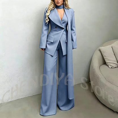 Classic Black Women Suit Set Double Breasted Asymmetrical Blazer Pants with Muffler Formal Office Elegant Two Piece Outfit