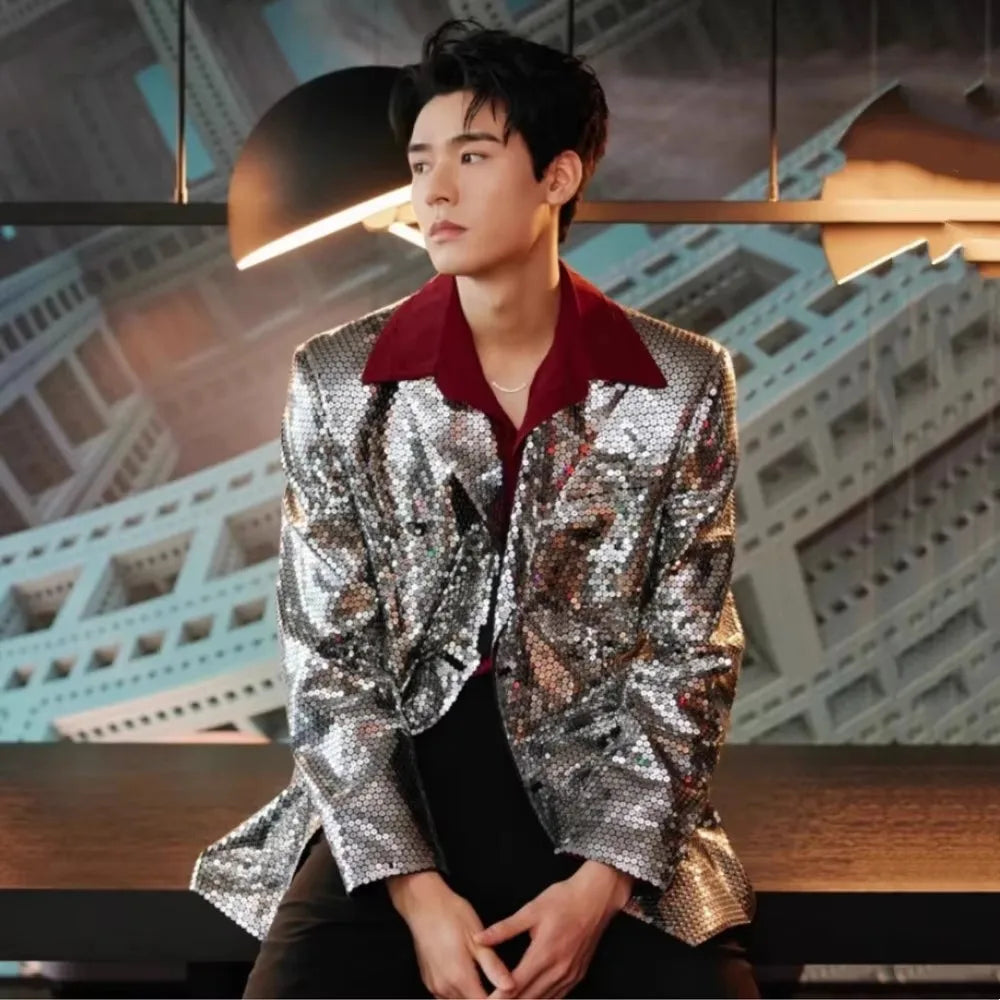 Men's Casual Blazers Suit Jackets Singer Silver Sequins Party Glitter Club Bar Concert Shiny Coat Stage Performance Costume