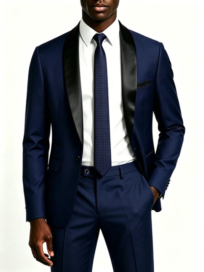 Men's 2-Piece Slim Fit Tuxedo Suit – Black Satin Shawl Lapel for Wedding, Prom & Formal Events