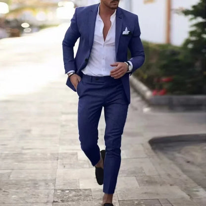 Costume en Lin Homme Robes de Soirée Élégantes Revers Cranté un Bouton Blazer Ajusté Fête de Mariage Plage d'Été Banquet