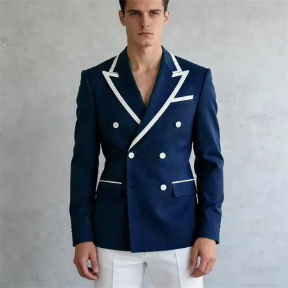 Double Breasted Slim Fit Blazer – Men's Formal Suit Jacket with White Contrast Piping