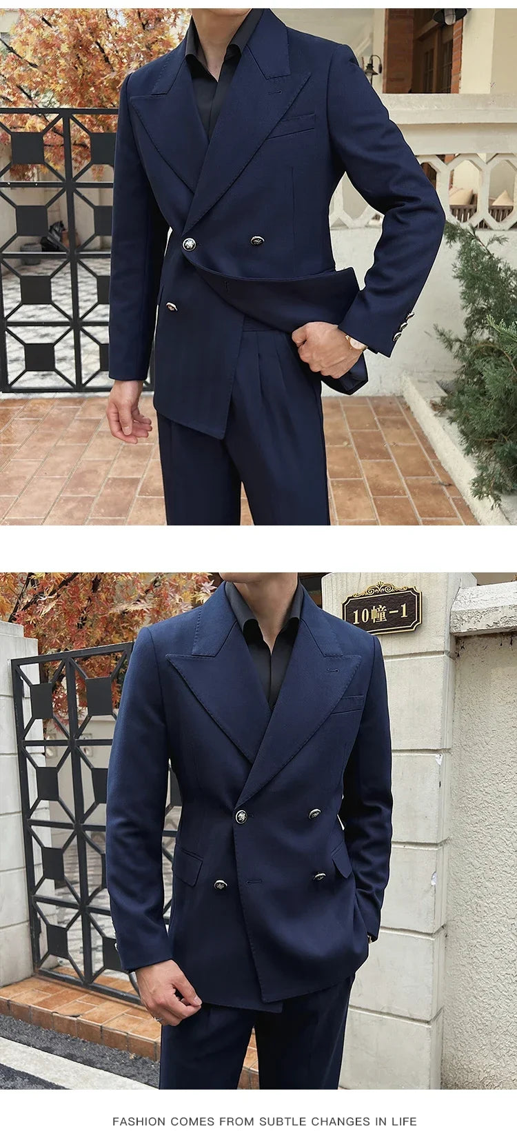 (Jackets+Pant)Fashion Double Breasted Design Men Suit Italian Style Luxury Elegant Business Social Wedding Dress Thick Suit 2Pcs