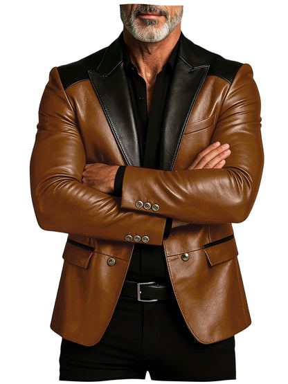 Men's PU Leather Blazer Patchwork Double Breasted Flap Pockets Notched Lapel Slim Fit Business Casual Suit Jacket Male Outerwear