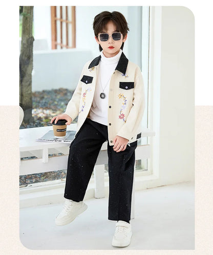2026 New Autumn Winter Boys' Embroidered Suit Set 90-170 Children's Casual Jackets Pants 2Pieces Clothing Set