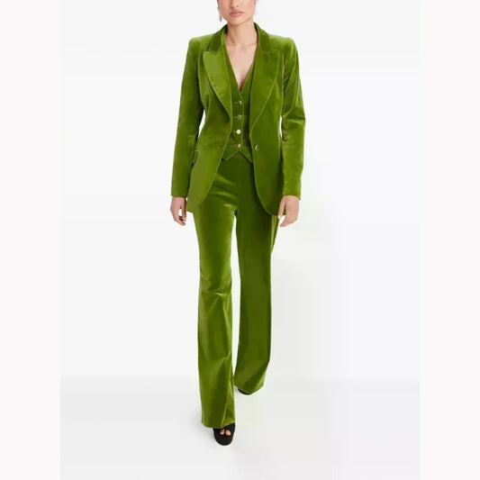 Green Women Suit Customized Clove Velvet Single-grain Buckle Three Pieces (Jacket+Pants+Vest) Office Lady Business Set
