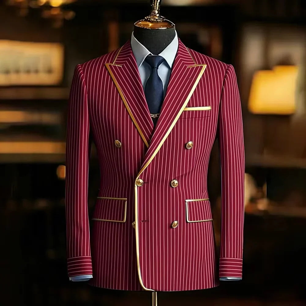Pinstripe Double Breasted Peak Lapel Mens Suit Jacket Business Slim Fit Gold Trim Striped Coat Formal Wedding Prom Banquet Party
