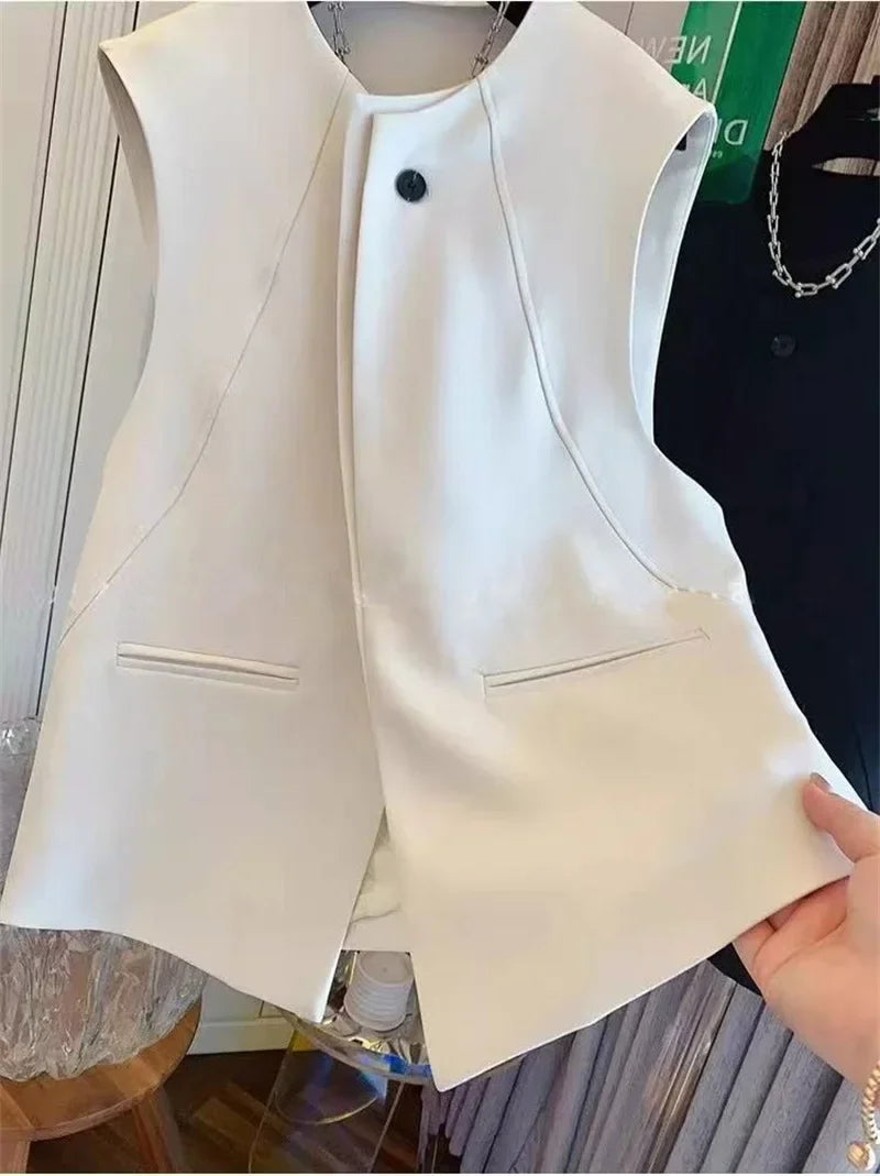 Ladies Solid Color Vest Top Outwear Korean Femme Casual Suit Collar Sleeveless Jacket Spring Women Fashion Loose Waistcoat Coat