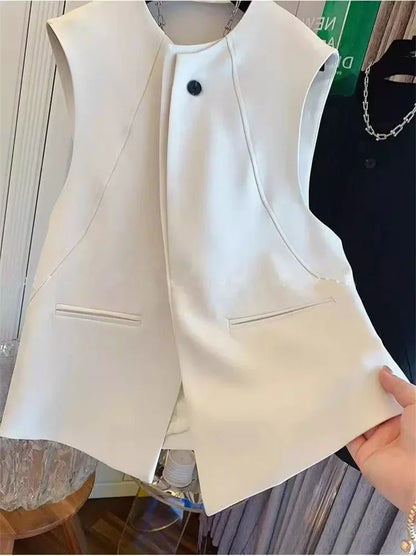 Ladies Solid Color Vest Top Outwear Korean Femme Casual Suit Collar Sleeveless Jacket Spring Women Fashion Loose Waistcoat Coat