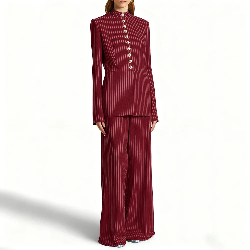 Elegant Women's Suits Pinstripe Two-piece(Jacket+Pants) Set with Stand Collar Gold Single Breasted Business Office Lady Outfit