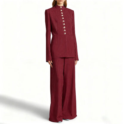 Elegant Women's Suits Pinstripe Two-piece(Jacket+Pants) Set with Stand Collar Gold Single Breasted Business Office Lady Outfit