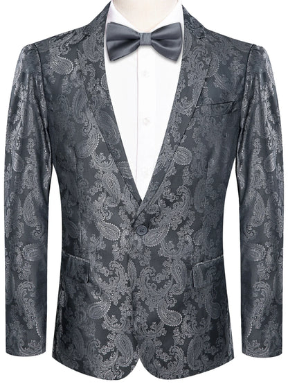 Slim Fit Dark Grey Paisley Jacquard Mens Blazer, Notch Lapel Single Button Formal Suit Jacket Evening Party Host Costume