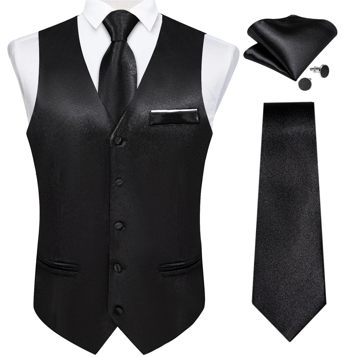 Men's Satin Suit Vest Set with Tie Handkerchief and Cufflinks for Wedding and Prom