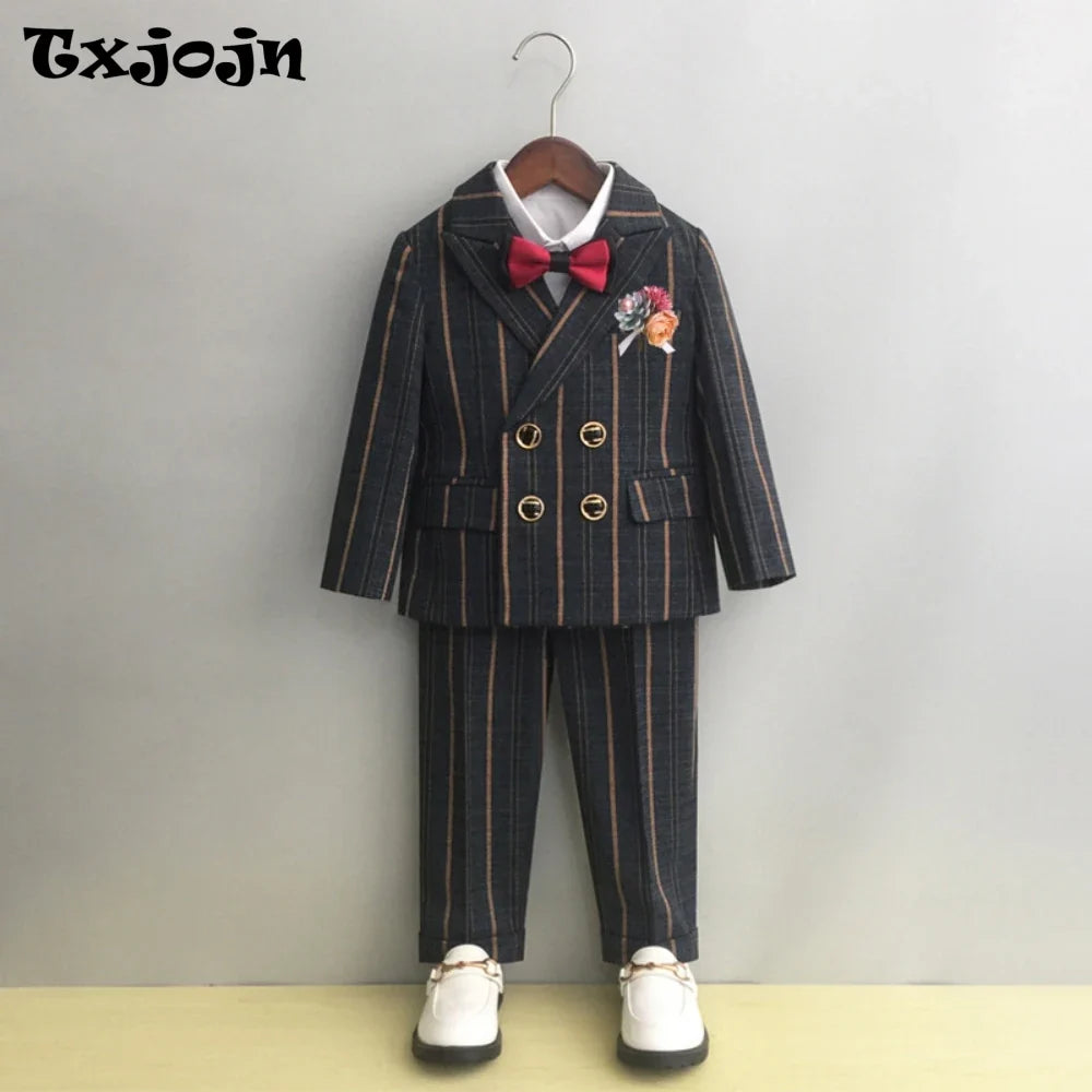 Boys Formal Striped Suit Set 5 Pieces Host Costumes Double Breasted Kids Slim Fit Suits Wedding Ring Bearer Outfit Party Tuxedo