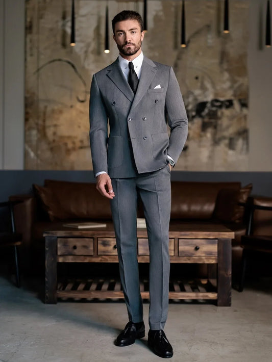 New Arrival Man Grey Double Breasted Suits 2 Pieces Business Party Wear Handsome Notched Lapel Men's Tuxedo Wedding Groom Sets