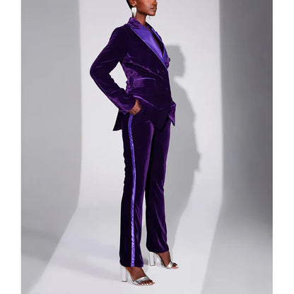 Purple Velvet Double Breasted Peaked Lapel Woman Suits 2 Pieces Blazer+Pants Set Formal Party Sets Office Lady Daily Sets