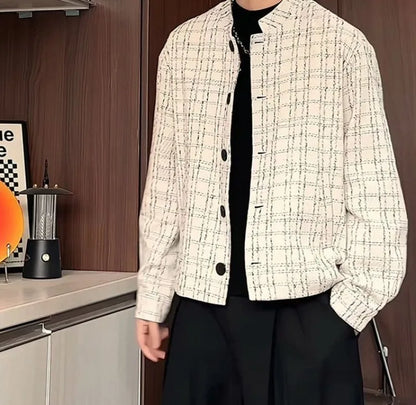 Men's Spring High-End Plaid Blazer Bad Boy Style Cropped Jacket Chinese Stand Collar Suit Outerwear
