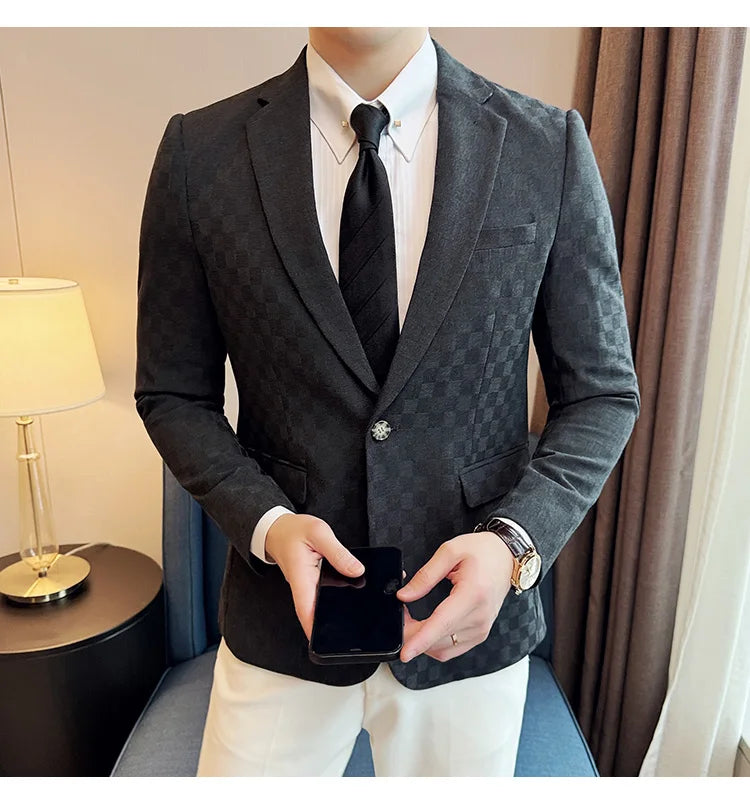 2024 Spring Plaid Blazers Men Single Breasted Casual Business Suit Jacket Fashion Slim Social Banquet Wedding Groom Dress Coats