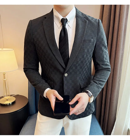 2024 Spring Plaid Blazers Men Single Breasted Casual Business Suit Jacket Fashion Slim Social Banquet Wedding Groom Dress Coats