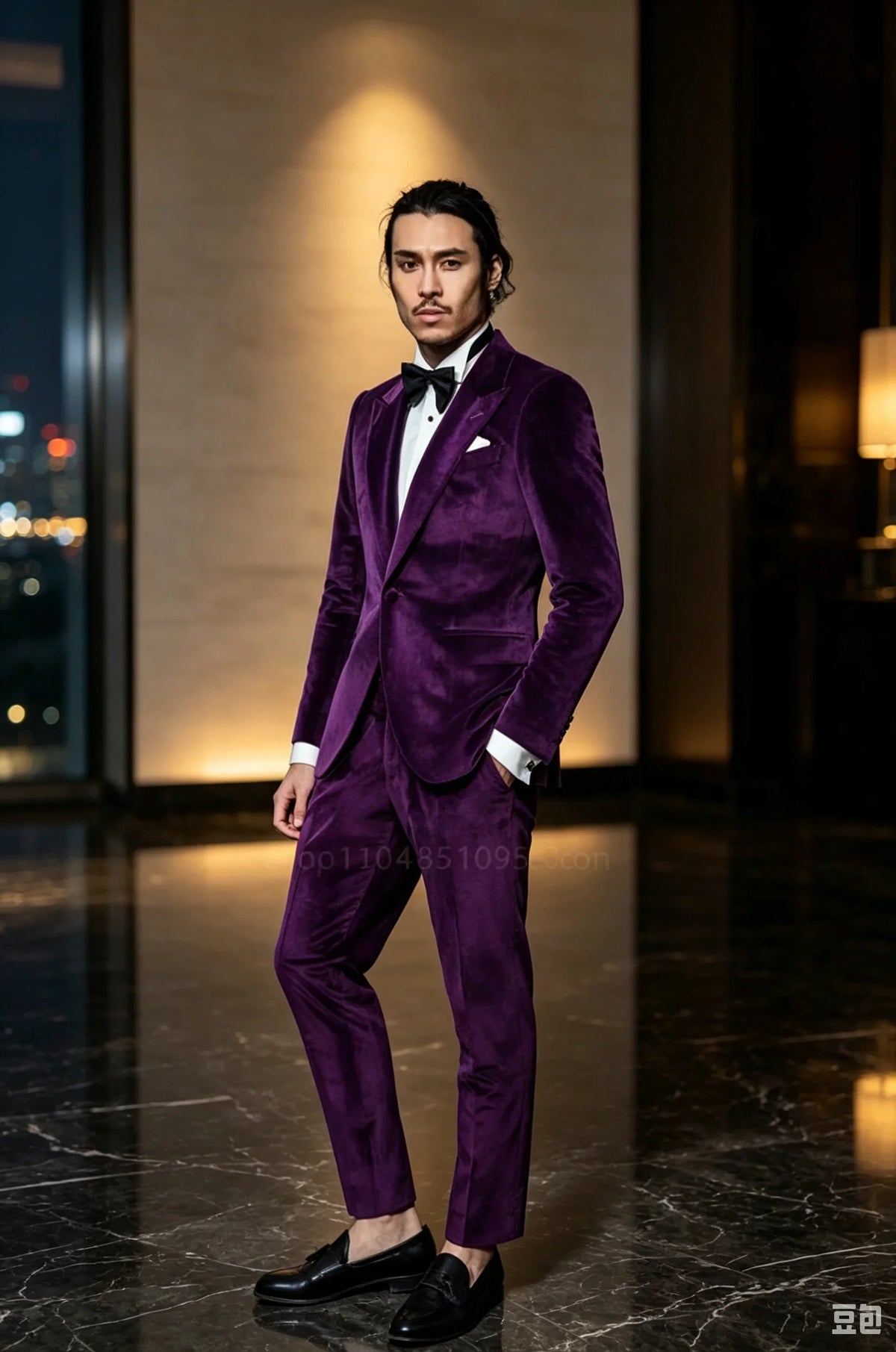 Purple Velvet Slim Fit Men's Tuxedo 2 Piece Groom Suit with Peak Lapel One Button Blazer And Pants Set for Wedding Prom Business