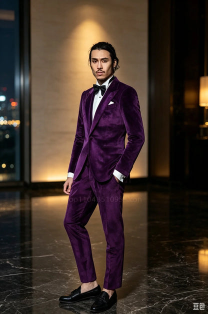 Purple Velvet Slim Fit Men's Tuxedo 2 Piece Groom Suit with Peak Lapel One Button Blazer And Pants Set for Wedding Prom Business
