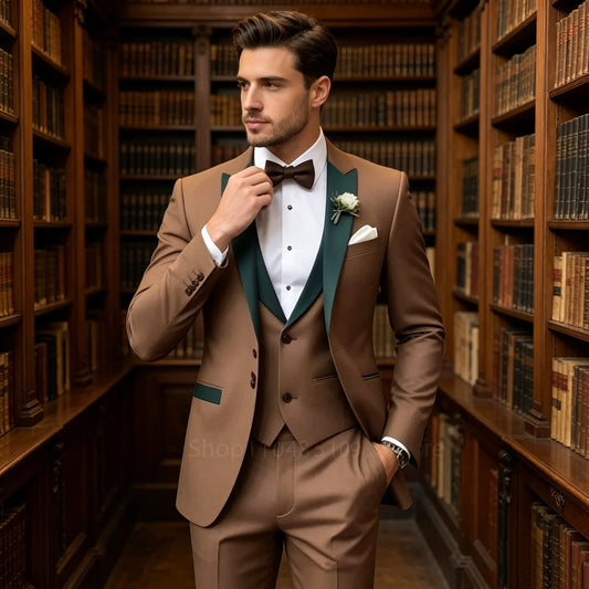Classic Formal Men's Business Groom Tuxedo 3 Piece Blazer Vest Pants Brown Suit Set For Men Wedding Party Prom Outfit Men Clothe