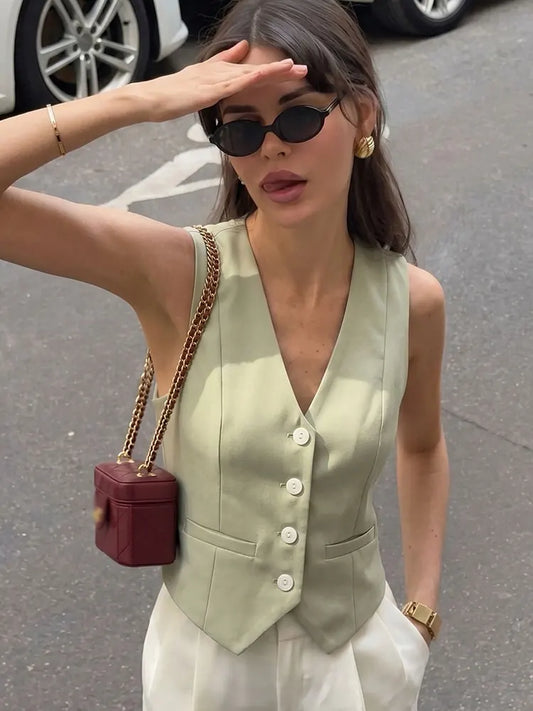 Elegant Womens Minimalist Solid Color Suit Vest Fitted Waist V Neck Office Workwear Business Waistcoat Casual Streetwear Tops