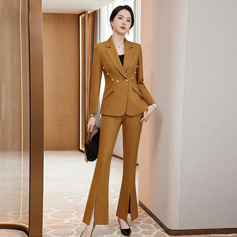 Office Lady Formal Blazer Pants Suits 2 Piece Matching Set Conjuntos Para Mujeres Plus Size Jacket Split Flare Pants Sets New