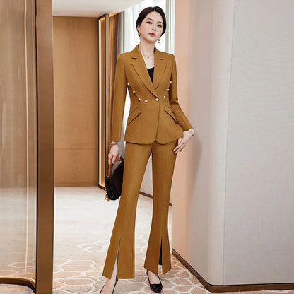 Office Lady Formal Blazer Pants Suits 2 Piece Matching Set Conjuntos Para Mujeres Plus Size Jacket Split Flare Pants Sets New