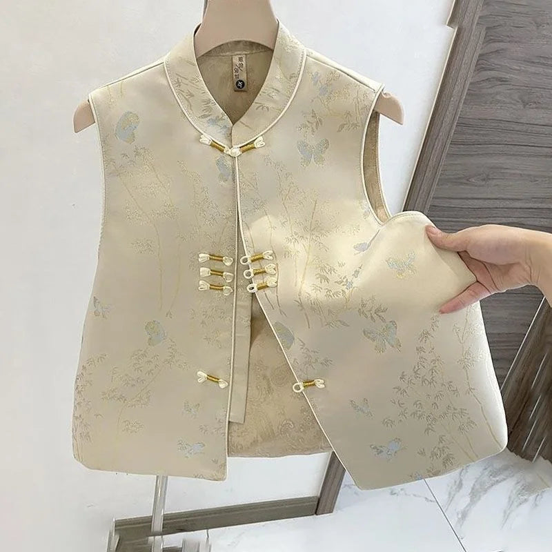 Chinese Style Vest Jacket Women's Spring Autumn 2026 New Sleeveless Coat New Buckle Thin Waistcoat Ladies Fashion Cardigan Tops