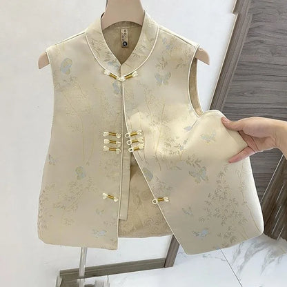Chinese Style Vest Jacket Women's Spring Autumn 2026 New Sleeveless Coat New Buckle Thin Waistcoat Ladies Fashion Cardigan Tops
