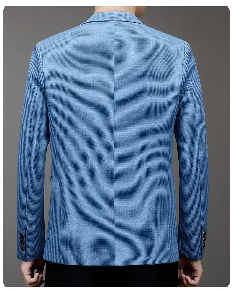 New men's suit jacket with non-stretch flat collar, waffle pattern, for business casual and fitted formal wear.