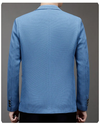 New men's suit jacket with non-stretch flat collar, waffle pattern, for business casual and fitted formal wear.